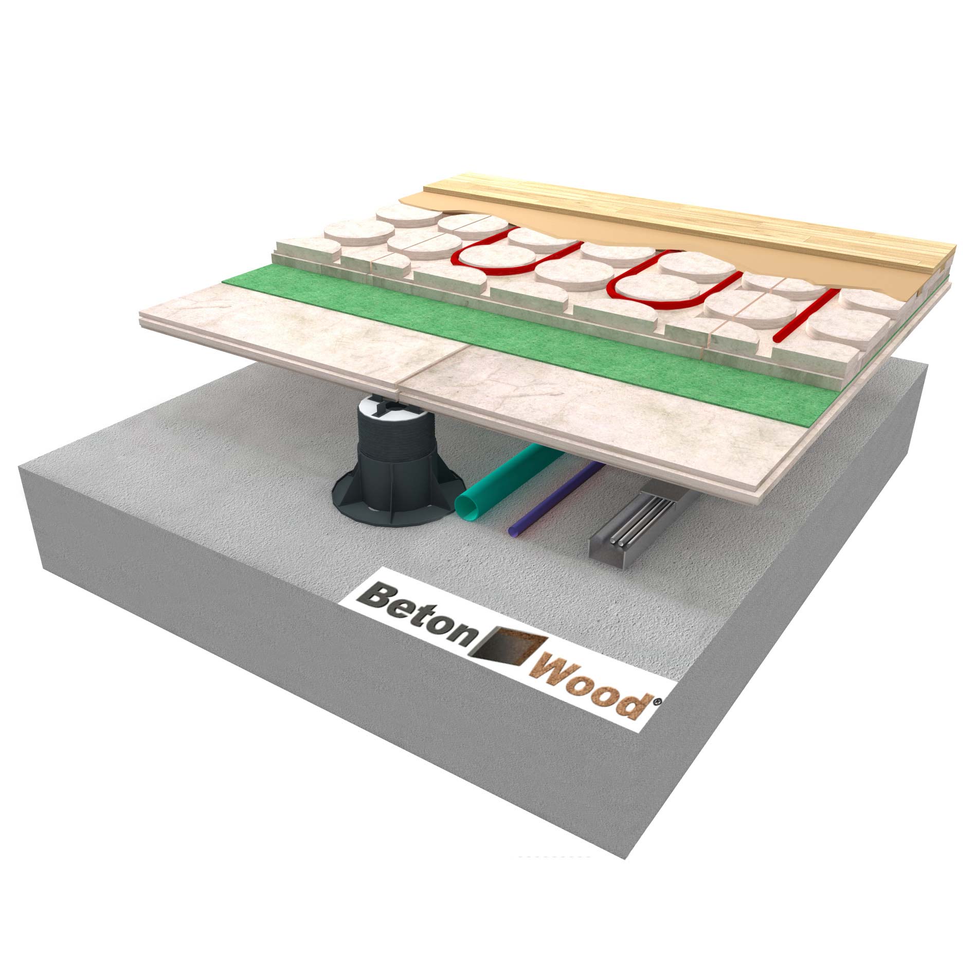 Elevated radiant screed with wood fibers Underfloor on self-leveling support