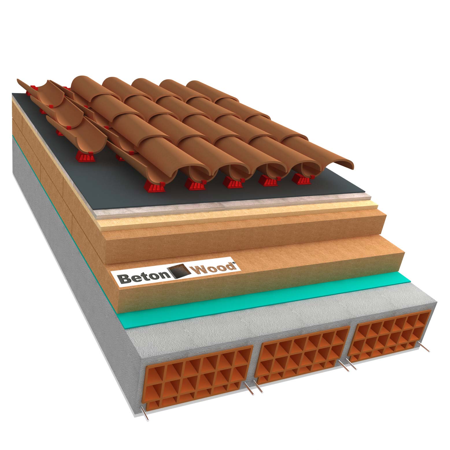 Ventilated roof with wood fiber Isorel, Therm and cement bonded particle boards on concrete